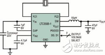 圖4 將振動或壓力源轉(zhuǎn)換成電流的LTC3588-1的電路原理圖