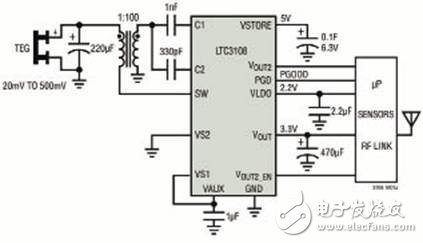 圖2 LTC3108用于無線遠(yuǎn)端傳感器應(yīng)用,該應(yīng)用由熱電發(fā)生器供電(Peltier Cell)